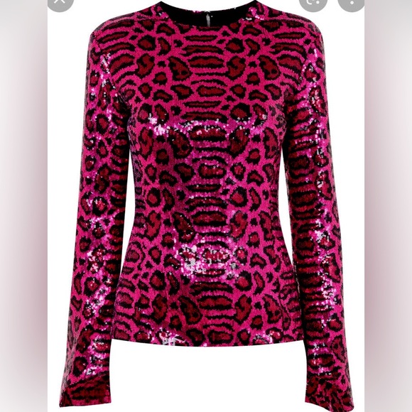 Topshop Tops - Top Shop Pink Leopard Sequin Bell Sleeve Top US 6